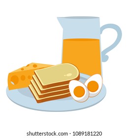 fried eggs with bread and juice breakfast