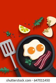 Fried eggs are a breakfast with bacon, Paper cut concept. Use clipping mask.