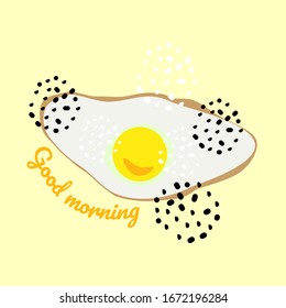 Fried eggs for breakfast. Good morning wish. Decor salt and pepper. Vector drawing on light background, simple flat style. For the design of textiles, clothes and linen for children.