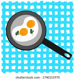 Huevos fritos para el desayuno en una sartén. Ilustración del vector