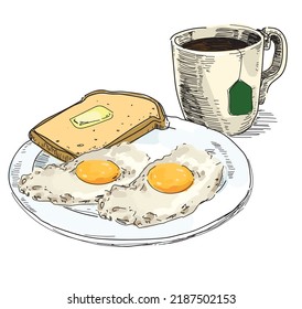 fried eggs breakfast with tea english food illustration traditional delicious isolated on white background