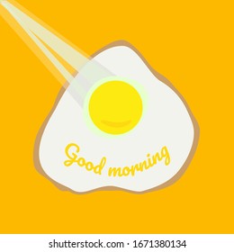 Fried eggs for breakfast with wish Good morning. Optimistic drawing, simple flat style, sun rays, text, bright yellow background. Vector drawing for design.
