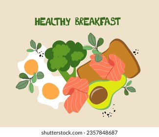 Fried eggs, broccoli, avocado, toast, slices of salmon. Food for Breakfast. Products for a healthy Breakfast. Hand drawn vector for poster, banner, print design svg