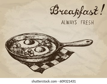 Fried eggs with broccoli on the pan. Hand drawn vector illustration.
