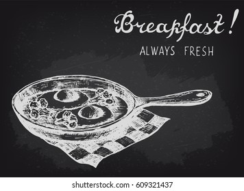 Fried eggs with broccoli on the pan. Chalkboard style vector illustration.