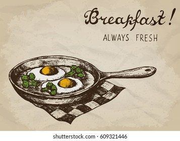 Fried eggs with broccoli on the pan. Hand drawn vector illustration.