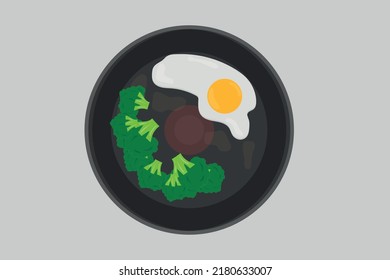 huevos fritos con brócoli en una sartén