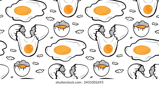 Fried eggs, broken egg, yolk, eggshell seamless pattern. Bright egg texture, background for poster, cafe menu, flyer, cookbook, banner, card, wrapping paper, package design. Doodle simple illustration