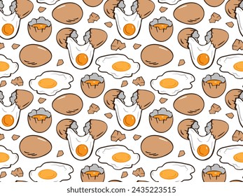 Fried eggs, broken egg, yolk, eggshell seamless pattern. Bright egg texture, background for poster, cafe menu, flyer, cookbook, banner, card, wrapping paper, package design. Doodle simple illustration