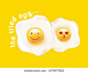 Fried eggs cartoon style on yellow background. Cute amusing egg emojis. Vector illustration