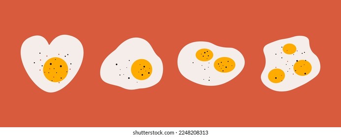 Huevos fritos. Huevos blancos de pollo con diferentes formas de yema, nutrición saludable, comida orgánica matutina. Conjunto de vectores