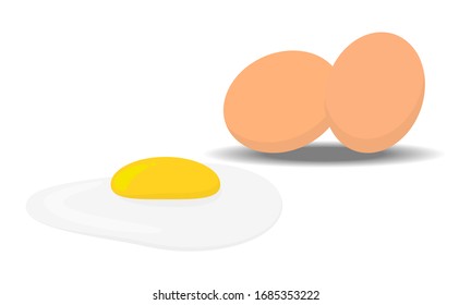 Fried eggs and chicken eggs separated on a white background