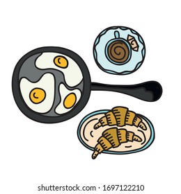 Kaffeetasse mit frittierten Eiern und Croissant. Vektorillustration