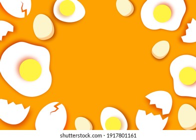 Fried eggs. Cooking pan with handle. Omelet papercut style. Farm products. Fast food. Natural product. Food ingredients. Orange background.
