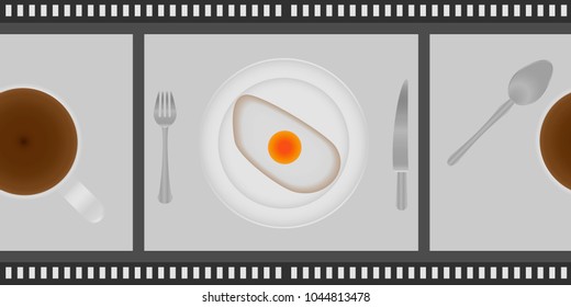 fried eggs and cup of coffee for breakfast on plate, with fork and knife in a cinema lent. Top view