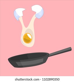 Fried eggs for delicious healthy easy breakfast and cracking an egg into a frying pan, vector illustration. line art