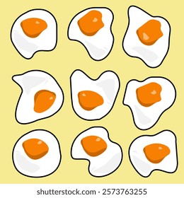 Fried eggs in different shapes, including sunny-side-up eggs and omelette circles. Variety of fried egg forms to inspire unique presentations and cooking ideas.