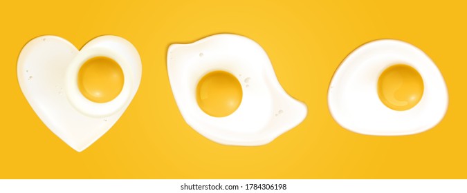 Fried eggs different shapes isolated on yellow background. Vector realistic illustration of omelette top view. Romantic breakfast with eggs with yolk and protein in shape of heart