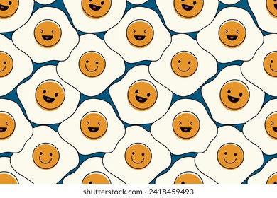 Fried Eggs with emoticon seamless pattern vector. Funny vector on blue background. Texture printable for kid cloth, table cloth, wrapping paper, wallpaper, fabric and textile, wrapping. 