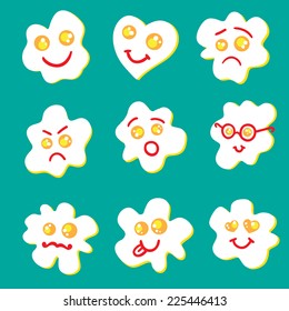 Fried eggs emoticon set. Happy, love, sad, angry, afraid, geek, mustache, tongue, heart eggs. 