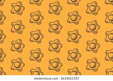 ovos fritos gravando linha arte padrão sem emenda no fundo amarelo. retro sunny side up hatching padrão papel de parede fundo para restaurante, praça de alimentação, cafés, restaurantes, cafés merchandise