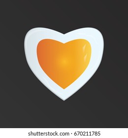Fried eggs fried in the form of heart - on a black background, realistic - art creativity modern miniature. Vector illustration