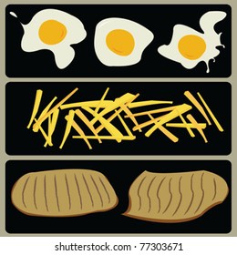 fried eggs and fries with meat on grill
