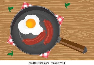 fried eggs in a frying pan and egg shell in the background illustration vector