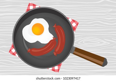 fried eggs in a frying pan and egg shell in the background illustration vector