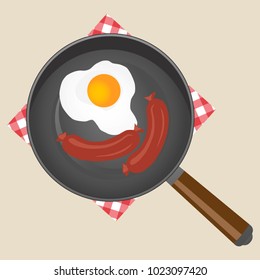 fried eggs in a frying pan and egg shell in the background illustration vector