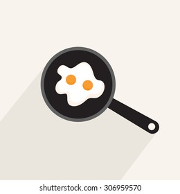 Fried eggs in a frying pan, flat icon with long shadow isolated on light background