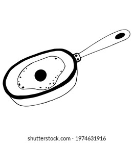 Fried eggs in a frying pan. Hand-drawn vector illustration. Isolated icon on white background. Black doodle, silhouette of an omelet in a frying pan. Monochrome