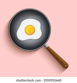 Fried eggs in a frying pan isolated on pink background. Perfect fried egg over breakfast. Vector illustration