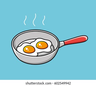 Fried eggs in a frying pan isolated.
