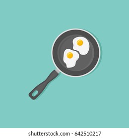 Fried eggs in frying pan isolated on background. Top view. Flat style vector illustration.
