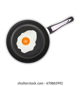 Fried Eggs In A Frying Pan Isolated On A White Background.