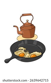 Fried eggs in a frying pan and a kettle for breakfast.food illustration on white background 