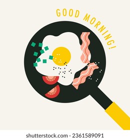 Fried eggs in a frying pan with tomatoes and bacon. Breakfast food in an iron skillet isolated on white background vector illustration. Breakfast and home cooking concept. Flat trendy abstract style.