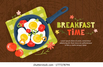 Fried eggs in a frying pan with vegetables, tomatoes, peppers. Healthy brunch with fresh homemade meal on a wooden table. Traditional food. Horizontal banner template with lettering Breakfast time