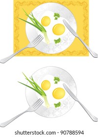 Fried eggs with green onion and parsley. Vector