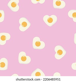 Fried eggs heart shape seamless pattern on yellow background. Vector illustration