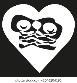 Fried eggs icon. Bacon strips detail. Heart background shape. Breakfast vector symbol.