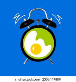 Fried eggs inside alarm clock. Breakfast time concept. Modern collage