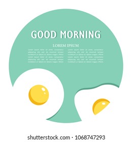 Fried eggs and lettering, decorative background. Backdrop with food and english text. Good morning, poster design. Colorful illustration vector. Symbol of breakfast