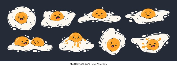 Fried eggs mascots. Funny chicken eggs characters, cute comic eggs for breakfast with facial emotions flat vector illustration set. Cartoon fried egg mascots with humorous faces