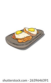 Fried eggs fried meat and bread on Tray for breakfast. Food illustration 