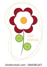  Fried eggs, omelet with sausage and fresh cucumber and onions, morning breakfast.