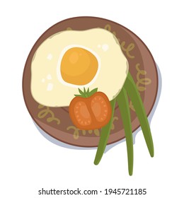 Fried eggs on a brown plate with green onions and tomatoes. Breakfast of eggs. Colored flat vector illustration isolated on white background. Top view. 