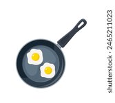 Fried eggs on frying pan icon. Kitchen utensils for cooking food. isolated on white background. Vector illustration in flat style.