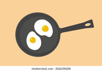 Fried eggs on frying pan in hot oil, close up top view. Healthy food. Meal. Eating. Breakfast. Lunch. Cook eggs on kitchen. Sunny-side up eggs. Yolk, protein. Ketogenic diet. Flat vector illustration.